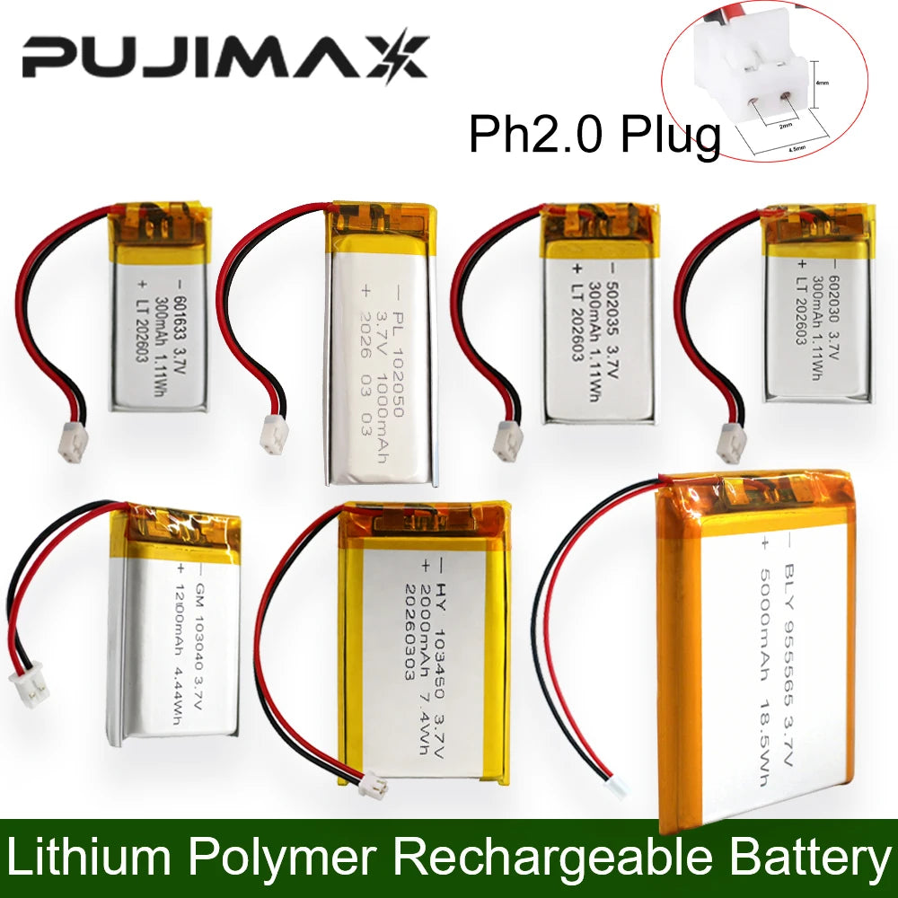 PUJIMAX 3.7V Lipo Battery Ph2.0 Plug Rechargeable Lithium Battery For PS4 Humidifiers GPS Navigation Bluetooth Speaker MP3 MP4