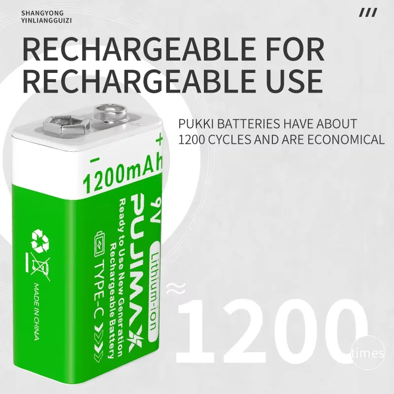 PUJIMAX 9v 1200mAh High Capacity Usb-C Lithium ion Battery Rechargeable Battery with Type-c Cable for Toys Remote Control Camera