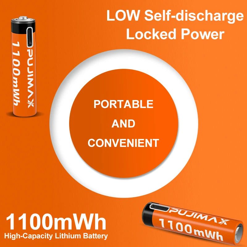 PUJIMAX 1.5V AAA 1100mWh Li-ion Rechargeable Battery High Capacity Lithium Battery USB Type C Li-ion Batteries For Alarm Clock