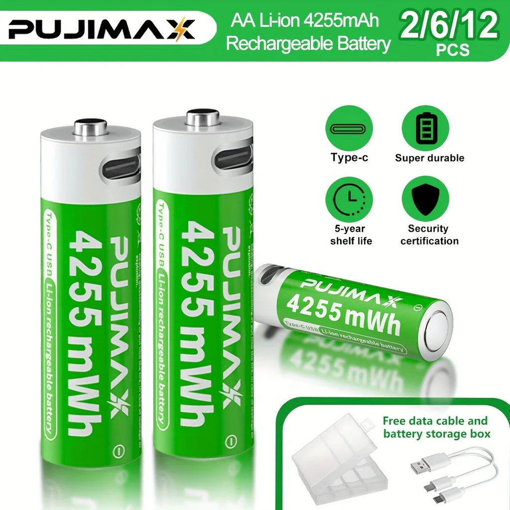 PUJIMAX 4255mWh AA 1.5V Rechargeable Lithium Battery High Capacity 1500 Cycles For Remote Controls Drones Scales Large Capacity