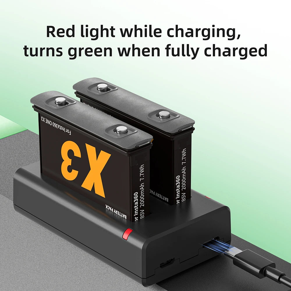 PUJIMAX High Capacity 2000mAh Battery For Insta360 X3 Camera+2-Slot LED fast charger For Insta360 ONE X3 Action Camera Accessory