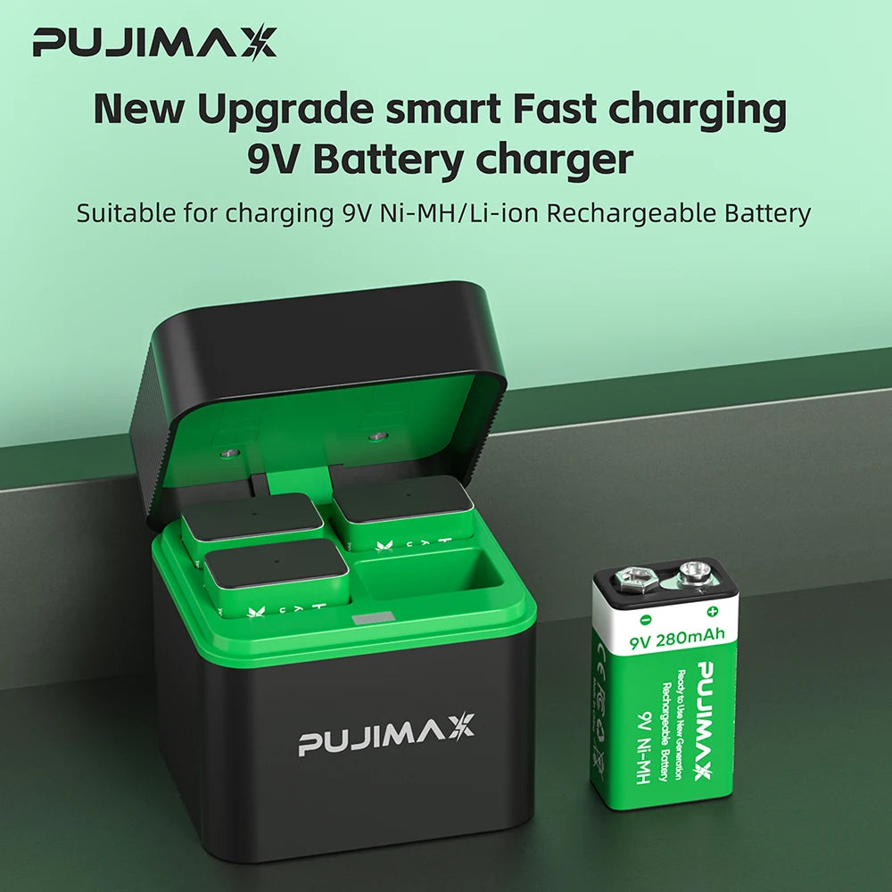 PUJIMAX 9V Ni-MH Rechargable Battery with 4-Slots Charger 280mAh Batteries for Guitar Microphone Smoke Detector Multimeter