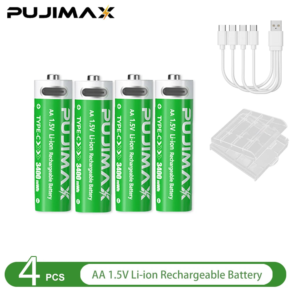 PUJIMAX 1.5V AA&AAA Rechargeable Lithium Battery 3400mWh/1100mWh, Type-C Port Charging Be Reused 1500 Times For Alarm Clocks