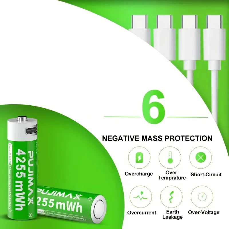 PUJIMAX 4255mWh AA 1.5V Rechargeable Lithium Battery High Capacity 1500 Cycles For Remote Controls Drones Scales Large Capacity