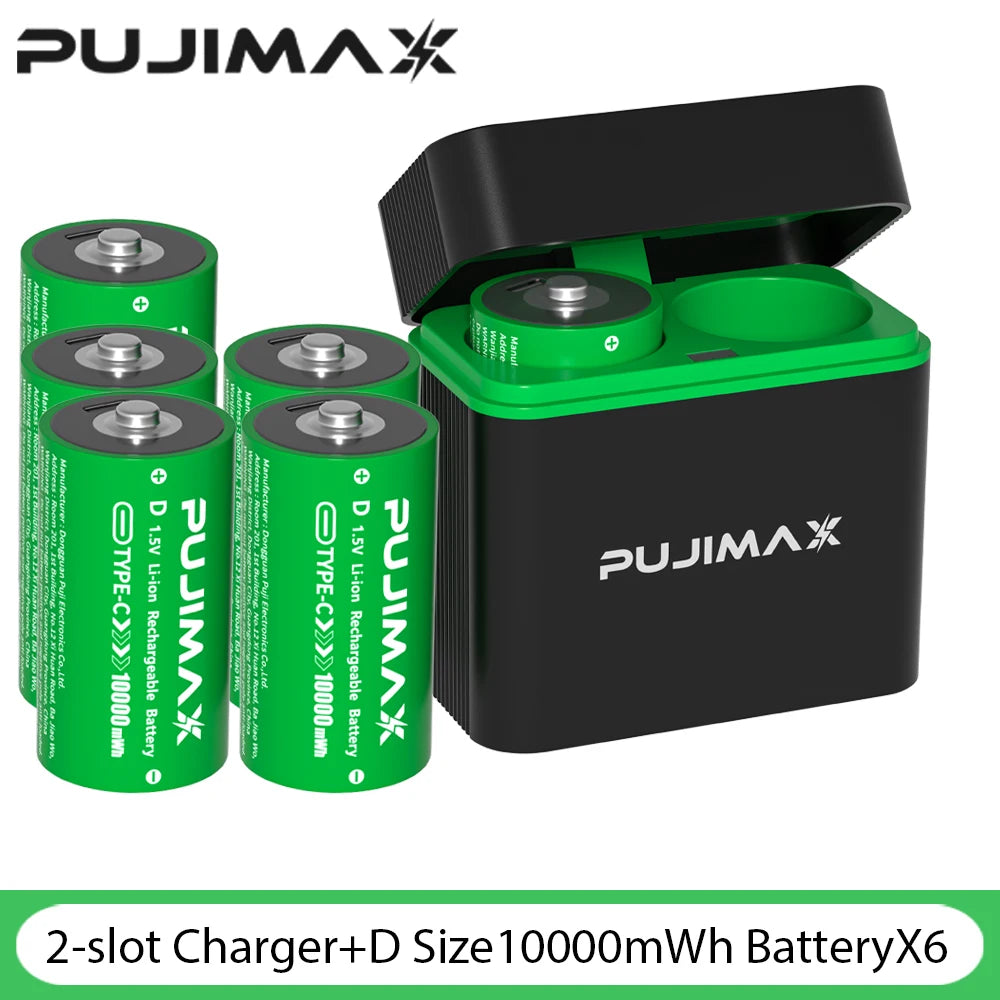 PUJIMAX 1.5V LR20 10000mWh D Size Batteries with Charger Rechargeable Lithium Battery For Flashlight Gas stoves Water Heaters