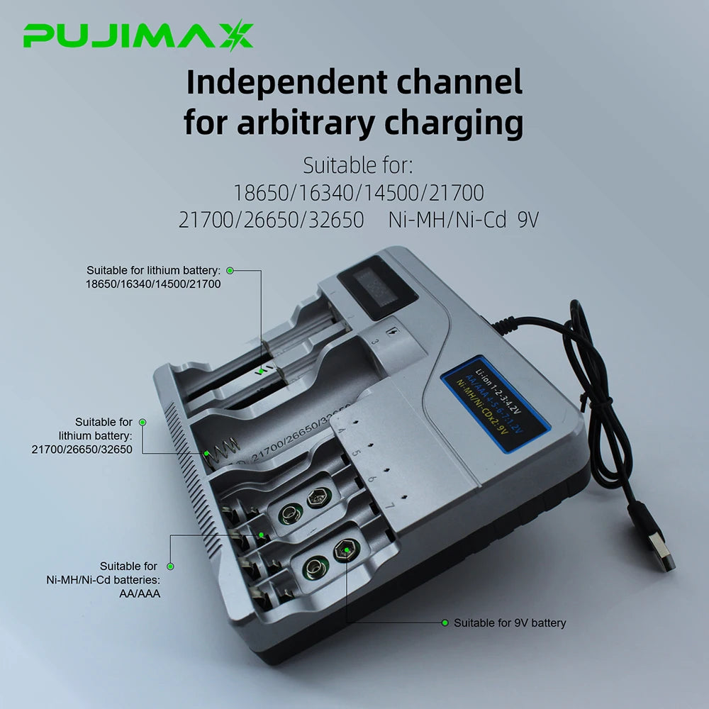 PUJIMAX Intelligent Battery Charger for 4.2V 18650/16340/14500/21700/26650/32650 Battery and 1.2V Ni-MH/Ni-Cd AA AAA 9V Battery