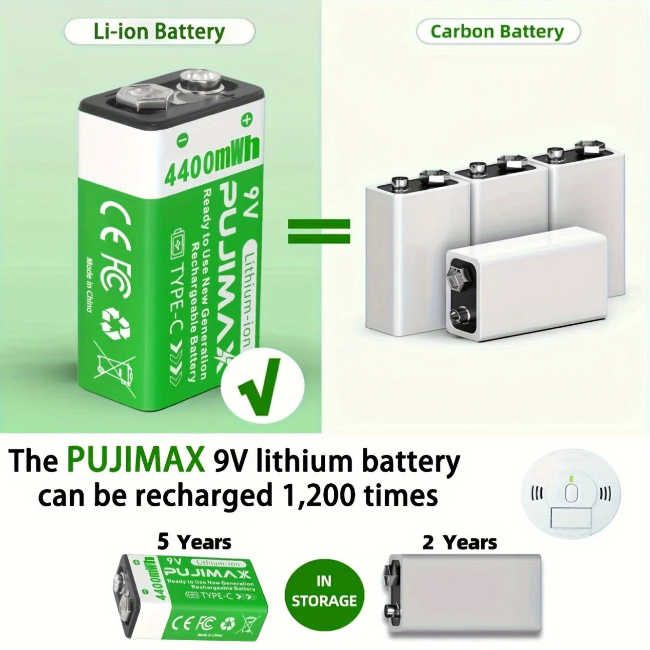PUJIMAX USB 9V Rechargeable Battery 4400mWh Type-C Rechargeable 6F22 9V Li-ion Battery For RC Helicopeter Model Multimeter Toy