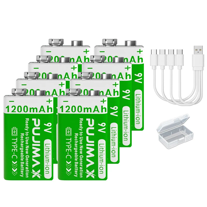 PUJIMAX 9V Battery1200mAh Li-ion Rechargeable battery Type-C Batteries  9V lithium for Multimeter Microphone Toy Remote Control