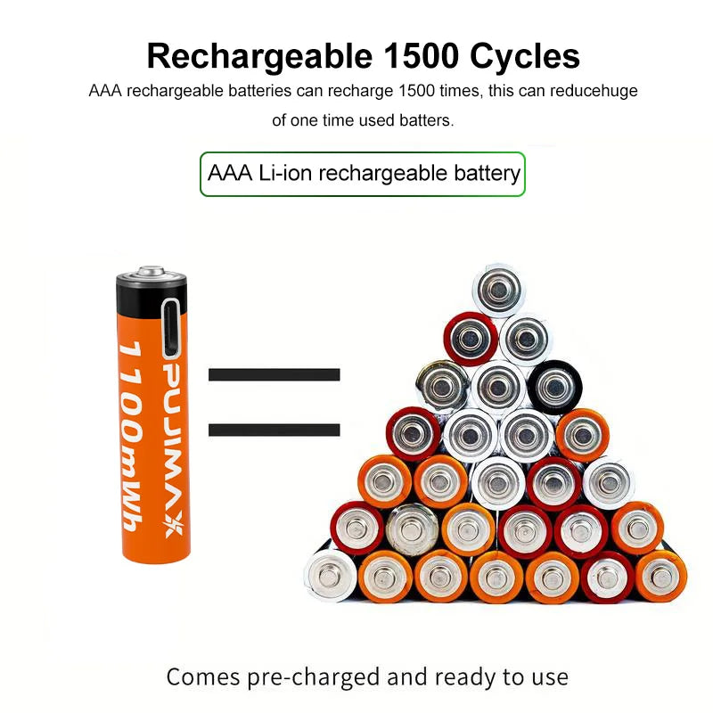 PUJIMAX 1.5V AAA 1100mWh Li-ion Rechargeable Battery High Capacity Lithium Battery USB Type C Li-ion Batteries For Alarm Clock