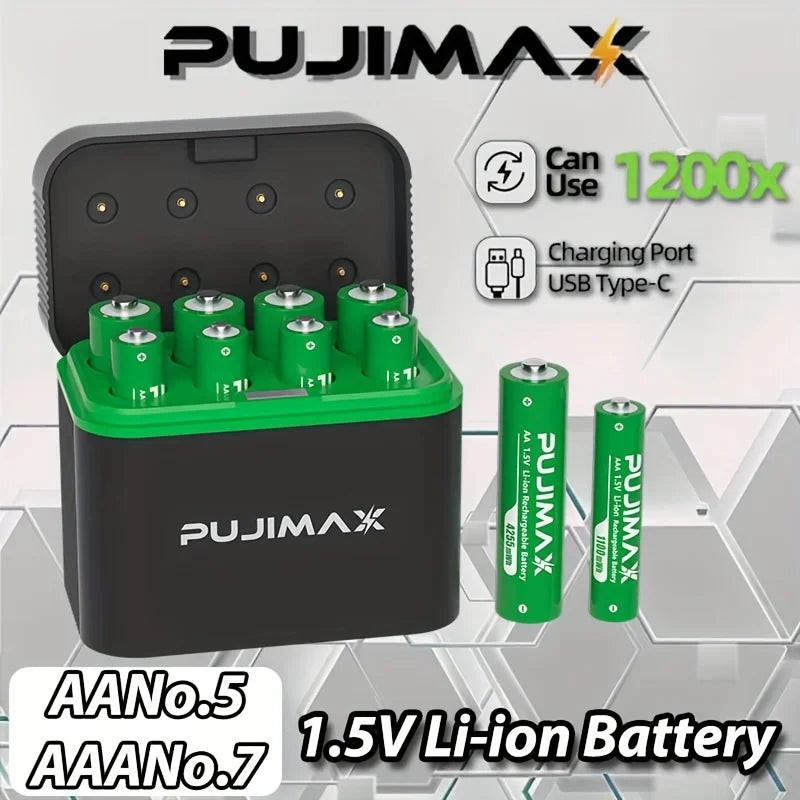 PUJIMAX AA+AAA 1.5V Rechargeable Lithium Battery 8-Slot Charging Compartment 4255mWh& 1100mWh Fast Charging 1.5V Lithium Battery