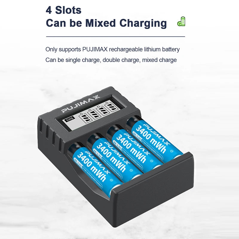 PUJIMAX 1.5V AA Rechargeable Lithium-ion 3400mWh Battery Large Capacity For Cameras Electric Toys With LCD Smart Battery Charger