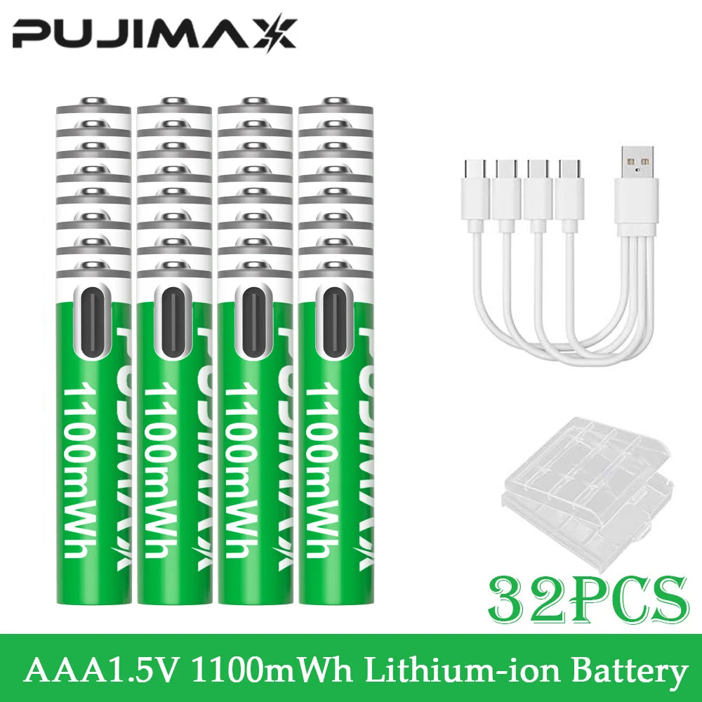 PUJIMAX 1.5V AAA 1100mWh Li-ion Rechargeable Battery Real Capacity Lithium Battery USB Type C Li-ion Batteries For Alarm Clock