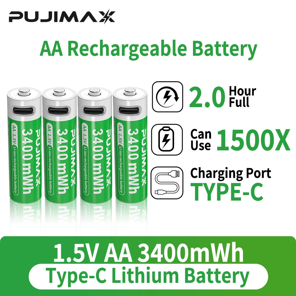 PUJIMAX AA Rechargeable Li-ion Battery 1.5V AA 3400mWh Li Ion Battery Watch for Toys MP3 Player Thermometer Keyboard + Cable