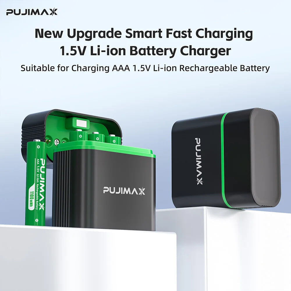 PUJIMAX AAA Rechargeable lithium Battery 1.5V With Charging Case 1100mWh Large Capacity Compatiable For Gamepad, GPS, Toys