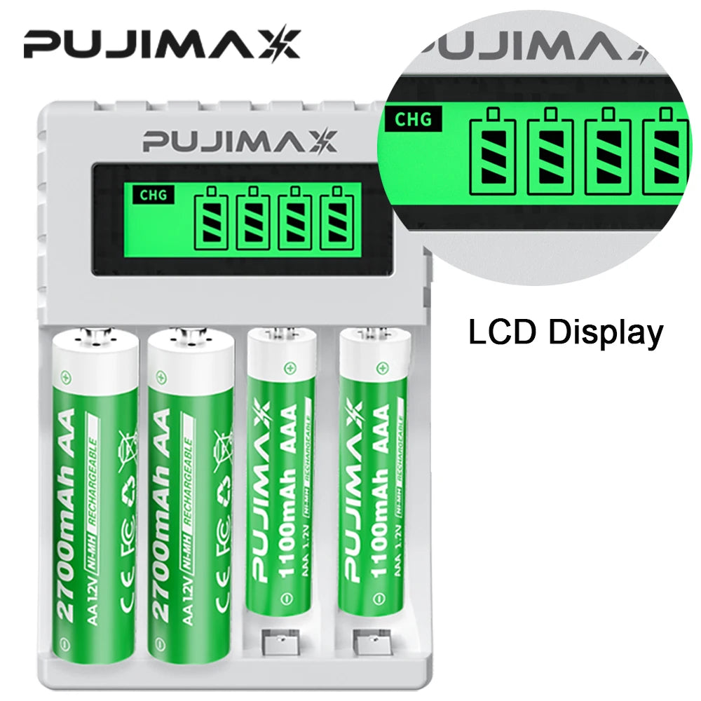 PUJIAMX AA/AAA Rechargeable Battery Charger LCD Display Portable Type C Cable Battery Charger for 1.2v AA/AAA Ni-MH Batteries