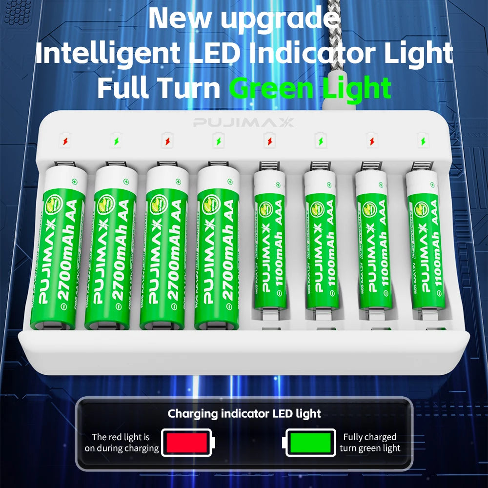 PUJIMAX 8-Slots 1.2V NI-MH AA/AAA Rechargeable Batteries Charger Type-C Battery  Fast Charging Charger Battery For Toys Keyboar