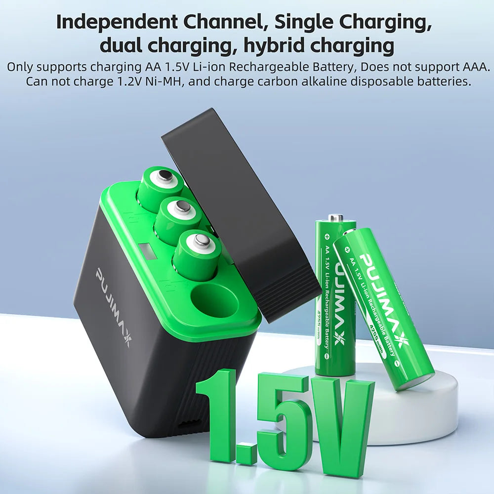 PUJIMAX  AA 1.5V 4255mWh Smart Charging Compartment 4-Slot  Rechargeable batteries Lithium Battery Charger Set Large Capacity