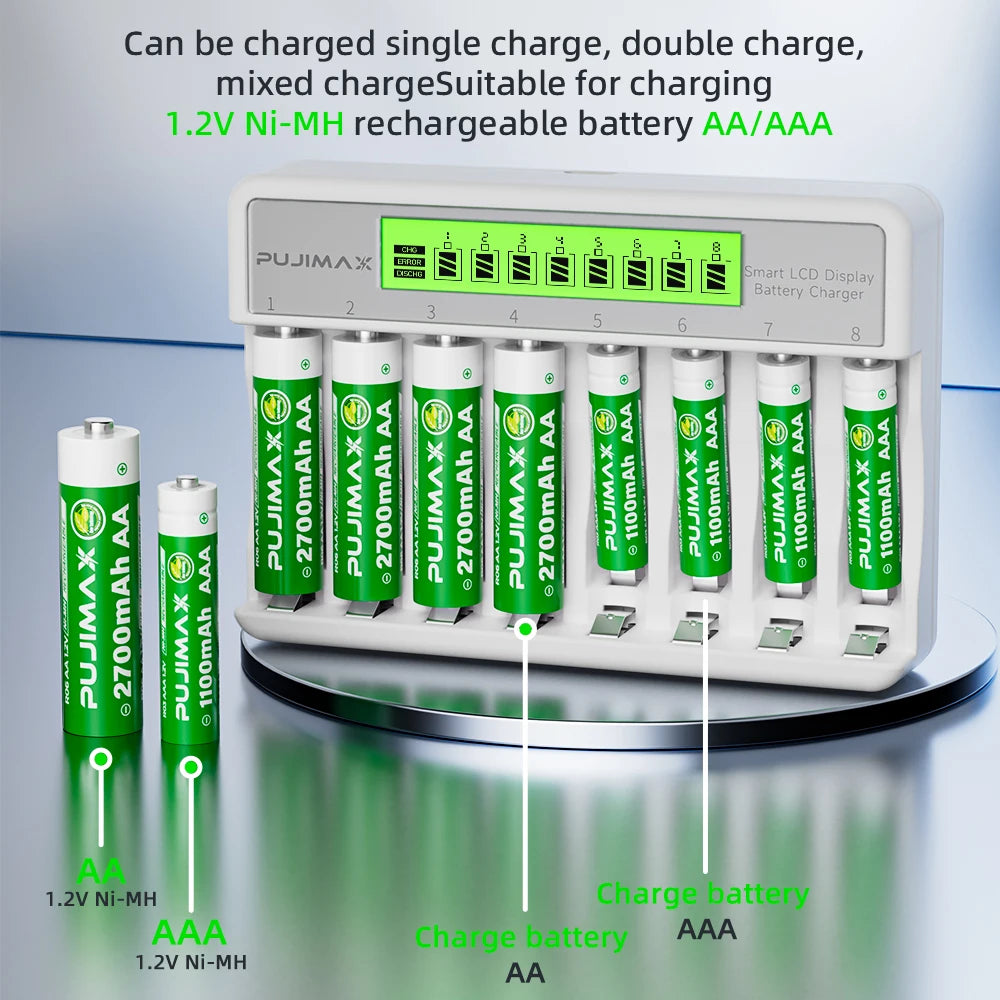 PUJIMAX Smart LCD Display 1.2V Fast Charger For 1.2V AA/AAA Ni-MH Ni-Cd 1100mAh 2700mAh Batteries 8-Slot Intelligent Charger