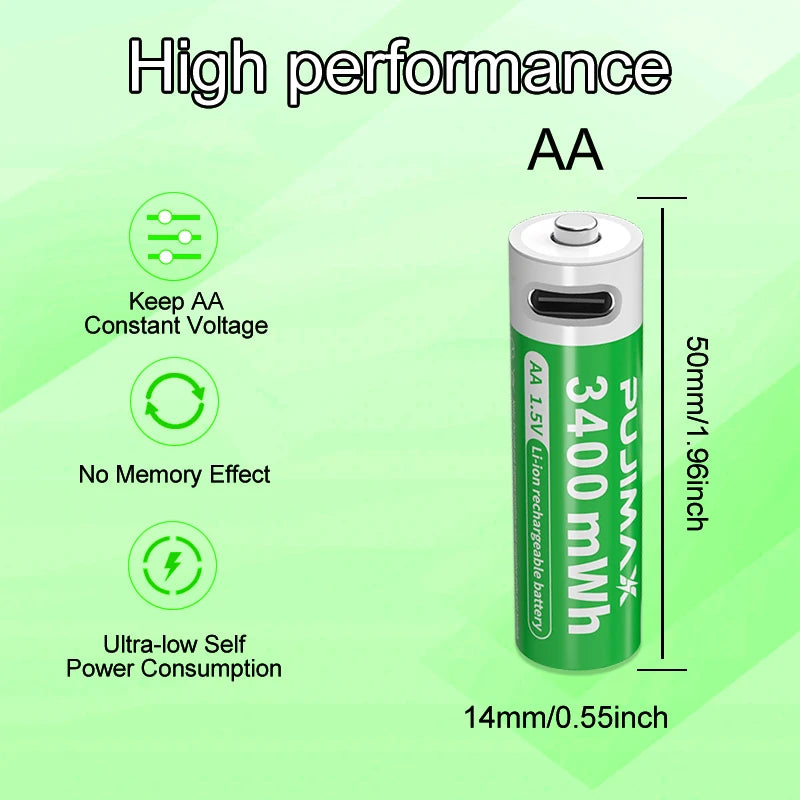 PUJIMAX AA Rechargeable Li-ion Battery 1.5V AA 3400mWh Li Ion Battery Watch for Toys MP3 Player Thermometer Keyboard + Cable