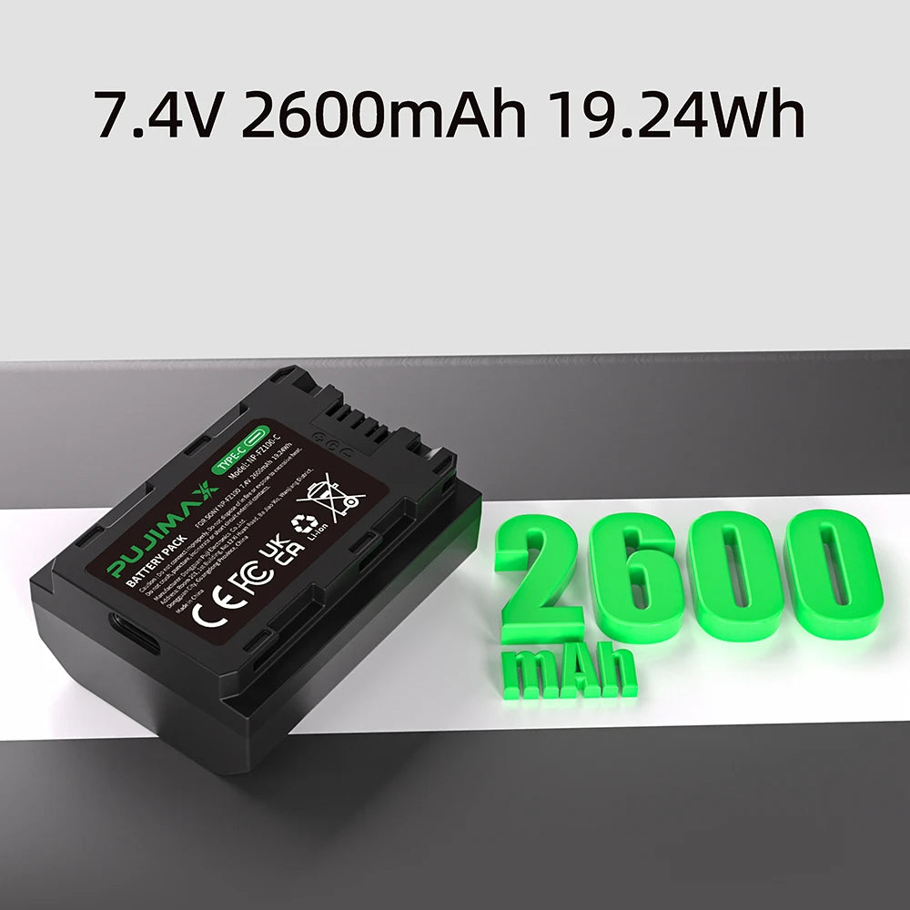 PUJIMAX NP-FZ100 NP FZ100 NPFZ100 Battery with Type-C Cable for Sony A7 III Alpha A7R III A7R IV A7M4 A7M3 A9 A9R FX30 A6600 A7S
