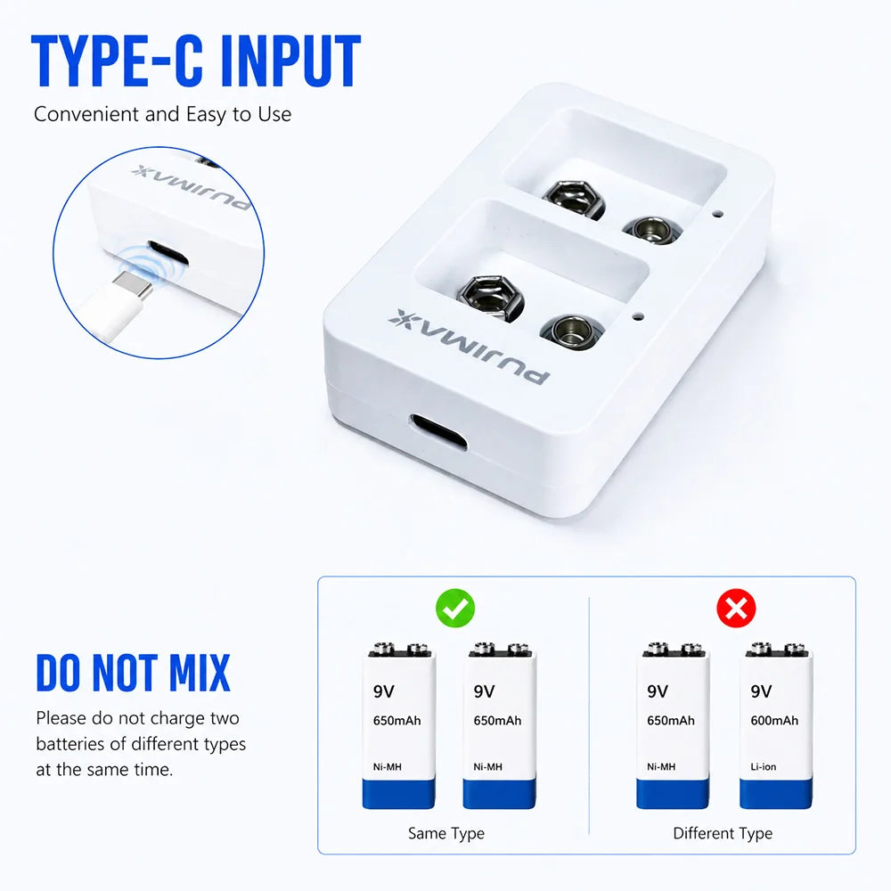 PUJIMAX 2 Slots Smart Fast Battery Charger With LED Indicators USB Cable For 9V Ni-MH/Ni-Cd/Li-ion Rechargeable Batteries