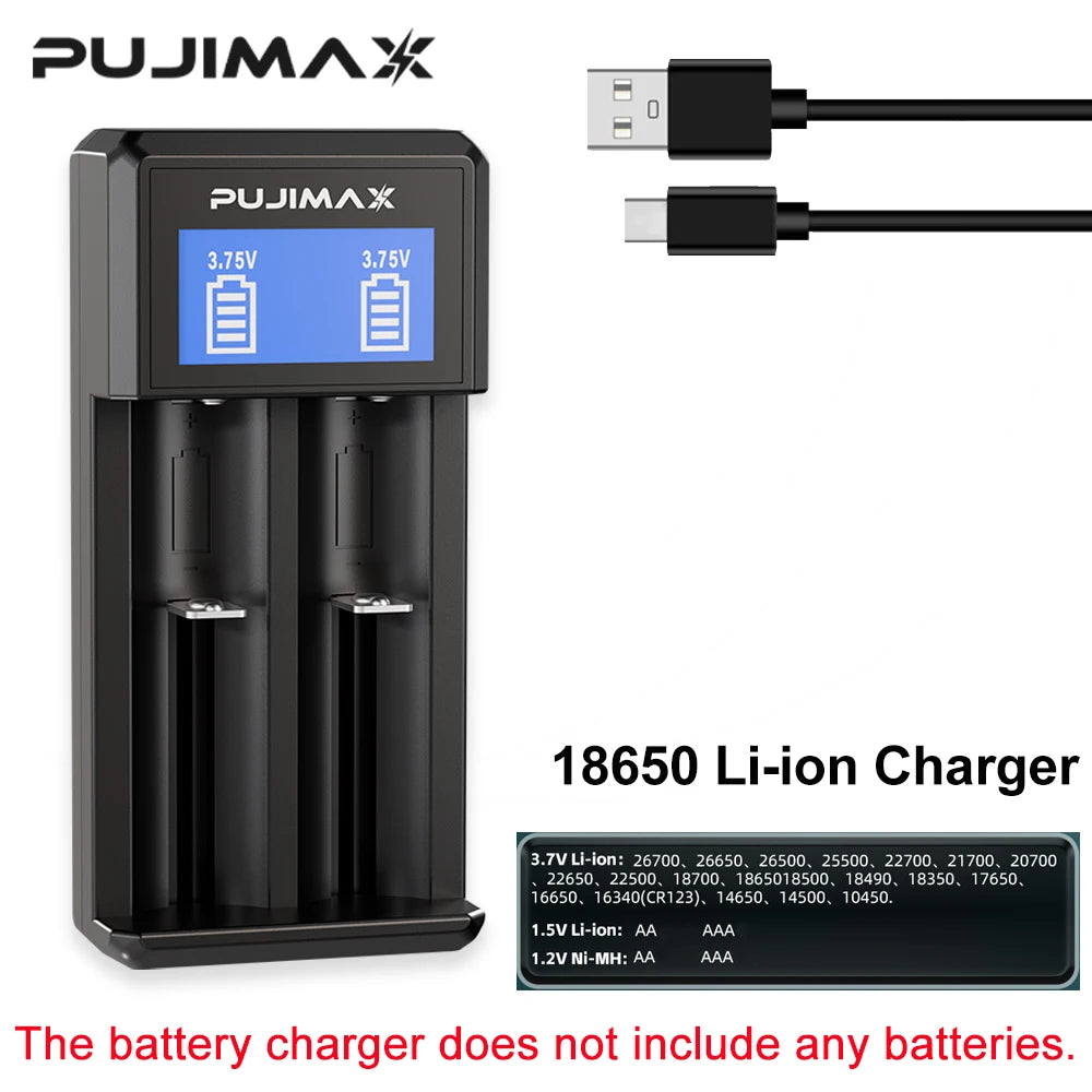 PUJIMAX 2 Slots 18650 LCD Display Battery Charger For 26650/18650/14500/16340 Charging 3.7V Rechargeable Lithium Battery Charger