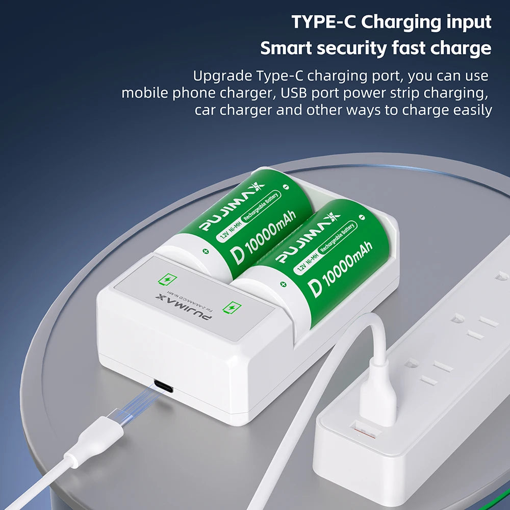 PUJIAMX AA/AAA/C/D Battery Charger for 1.2V NI-MH Rechargeable Batteries LCD Display Fast Charging Tool with USB Type C Cable