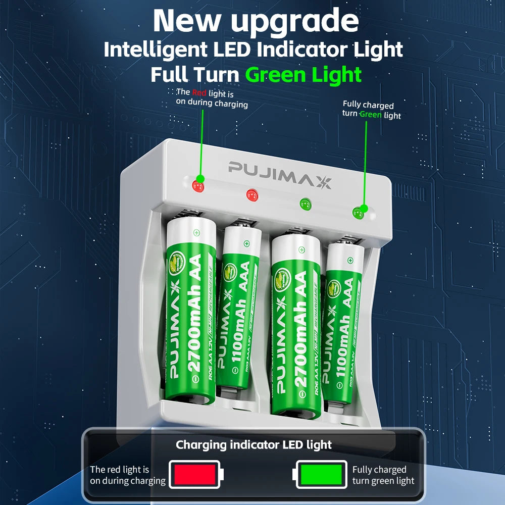 PUJIMAX  9V/AA/AAA Battery Charger For NI-MH /NI-CD AA AAA 1.2V Rechargeable Battery 4 Slots 9V Ni-MH Indicator Battery Charger