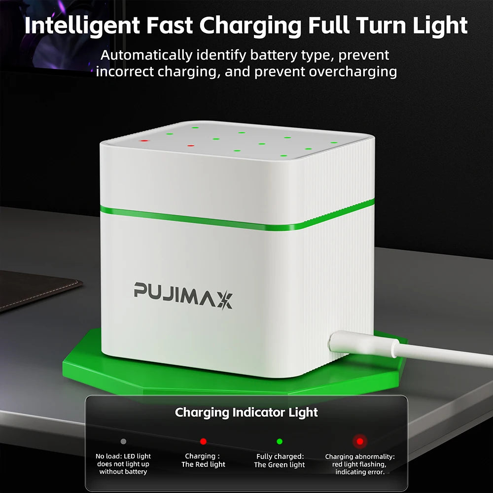 PUJIMAX 12-Slots Smart Battery Charger AA 12PCS 1.2V Ni-MH Batteries Rechargeable Battery Set Charger Independent Fast Charging