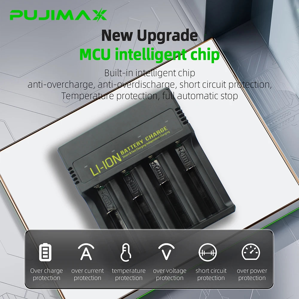 PUJIMAX 2/4 Slots Battery Charger for 3.7V 18650,21700,20700,26650,14500,16340 Li-Ion Batteries Short Circuit Pratection Charger