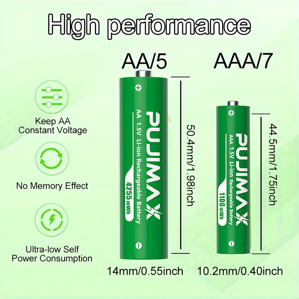 PUJIMAX AA+AAA 1.5V Rechargeable Lithium Battery 8-Slot Charging Compartment 4255mWh& 1100mWh Fast Charging 1.5V Lithium Battery