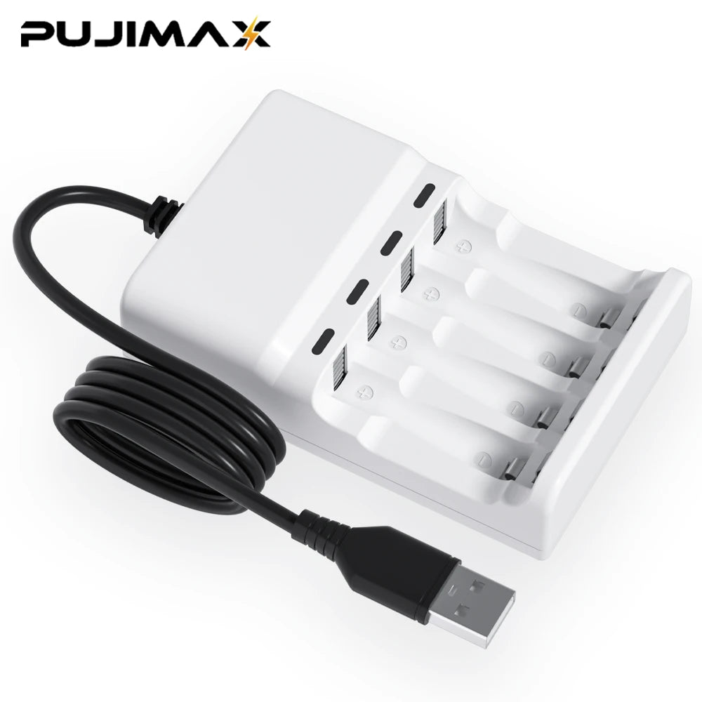 PUJIMAX AA AAA Battery Fast Charger USB Cable 4 Slot LED Display Smart Battery Charger for 1.2V Ni-HM/Ni-Cd Rechargeable Battery