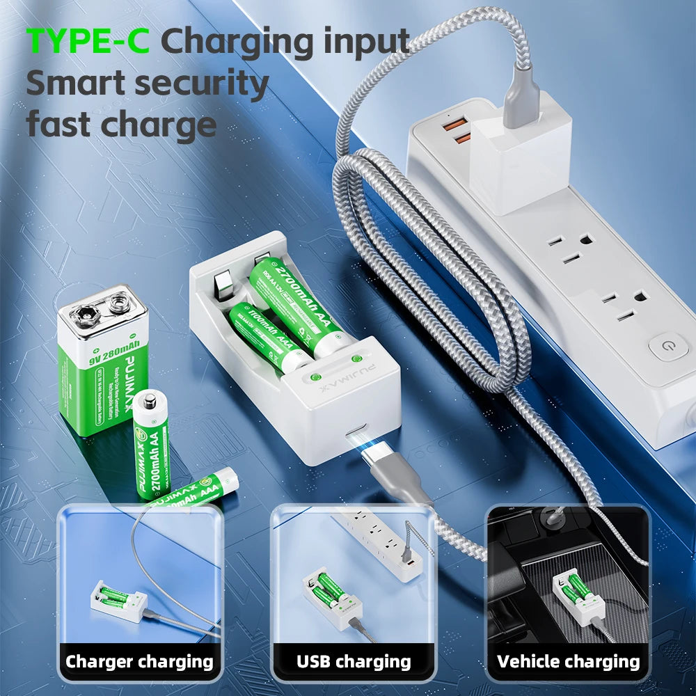 PUJIAMX AA/AAA/C/D Battery Charger for 1.2V NI-MH Rechargeable Batteries LCD Display Fast Charging Tool with USB Type C Cable