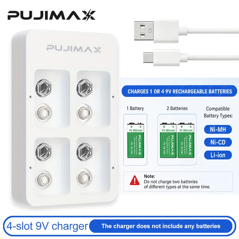 PUJIMAX 4 Slots Smart Fast Battery Charger With LED Indicators USB Cable For 9V Ni-MH/Ni-Cd/Li-ion Rechargeable Batteries