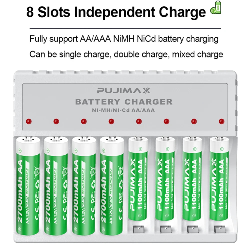 PUJIMAX 8-Slot Battery Charger With LCD Display For 1.2V AA/AAA Ni-Cd Ni-Mh Rechargeable Batteries AA AAA Charger Adapter
