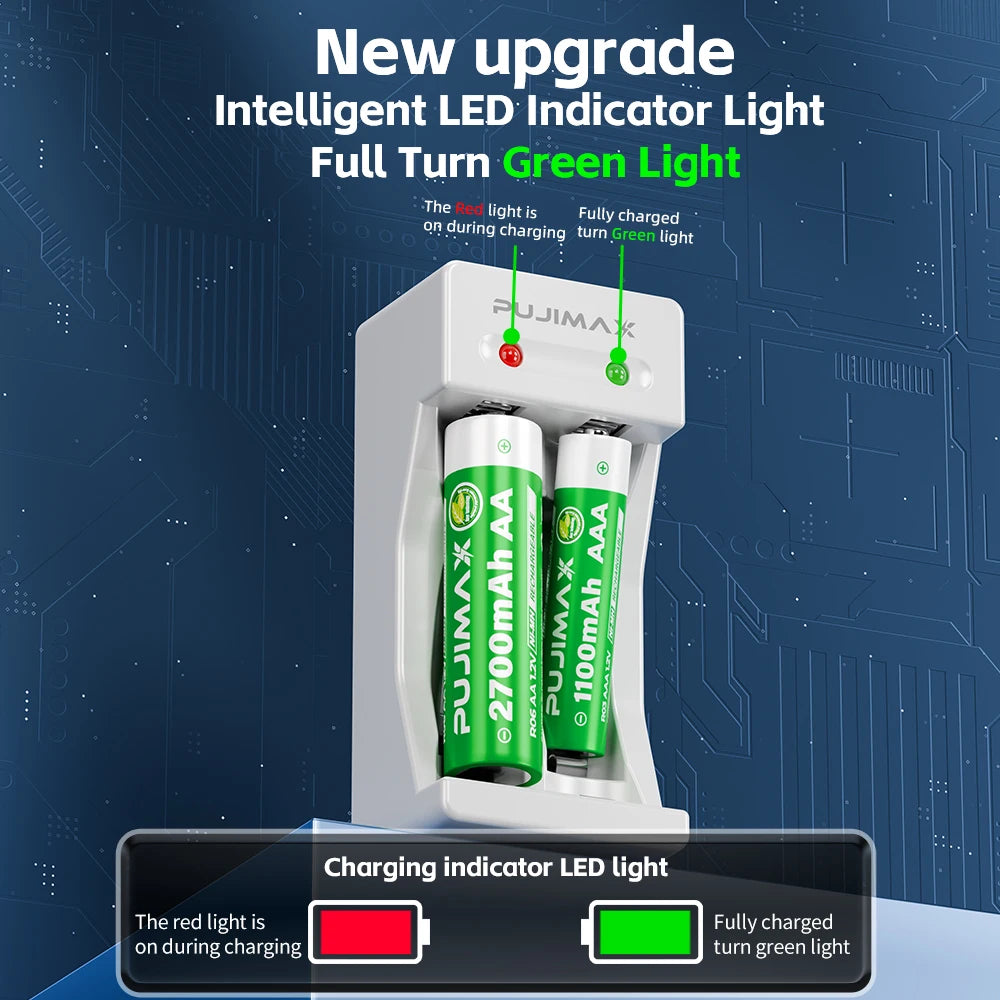 PUJIAMX AA/AAA/C/D Battery Charger for 1.2V NI-MH Rechargeable Batteries LCD Display Fast Charging Tool with USB Type C Cable