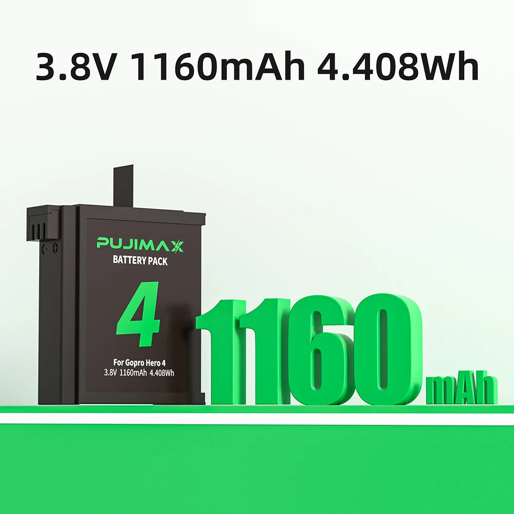 PUJIMAX 1160mAh Gopro Hero 4 Battery Replacement+2-Slots USB Charger for GoPro HERO4 Action Camera Rechargeable Battery