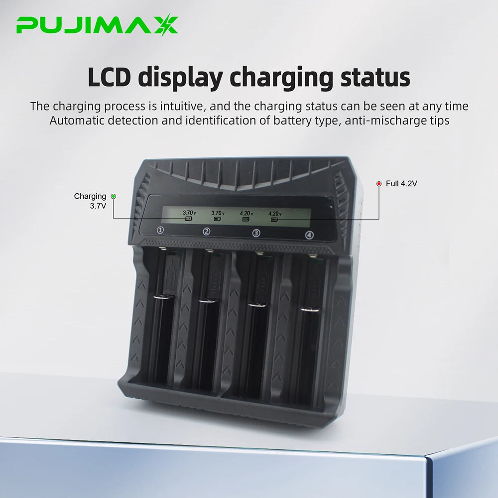 PUJIMAX 2/4 Slots Smart Charger LCD Display Charger for AA/AAA/18650/26650/14500/16340/18500/21700 Ni-MH Ni-Cd Li-ion Batteries