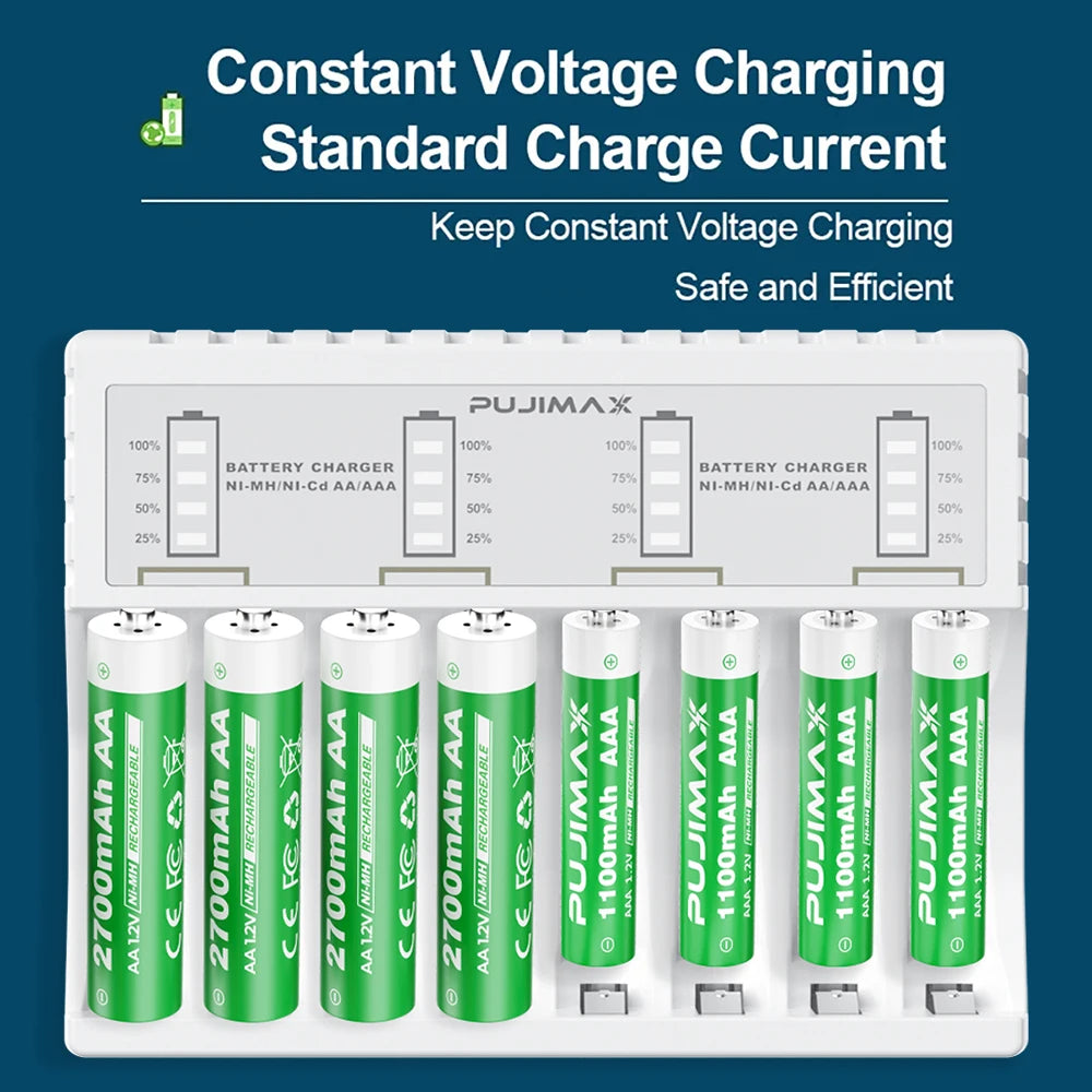 PUJIMAX 8-slot Battery Charger for AAA/AA Rechargeable Battery Short Circuit Protection LED Display 1.2V Ni-MH/Ni-Cd Charger