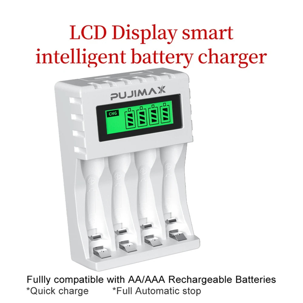 PUJIAMX AA/AAA Rechargeable Battery Charger LCD Display Portable Type C Cable Battery Charger for 1.2v AA/AAA Ni-MH Batteries