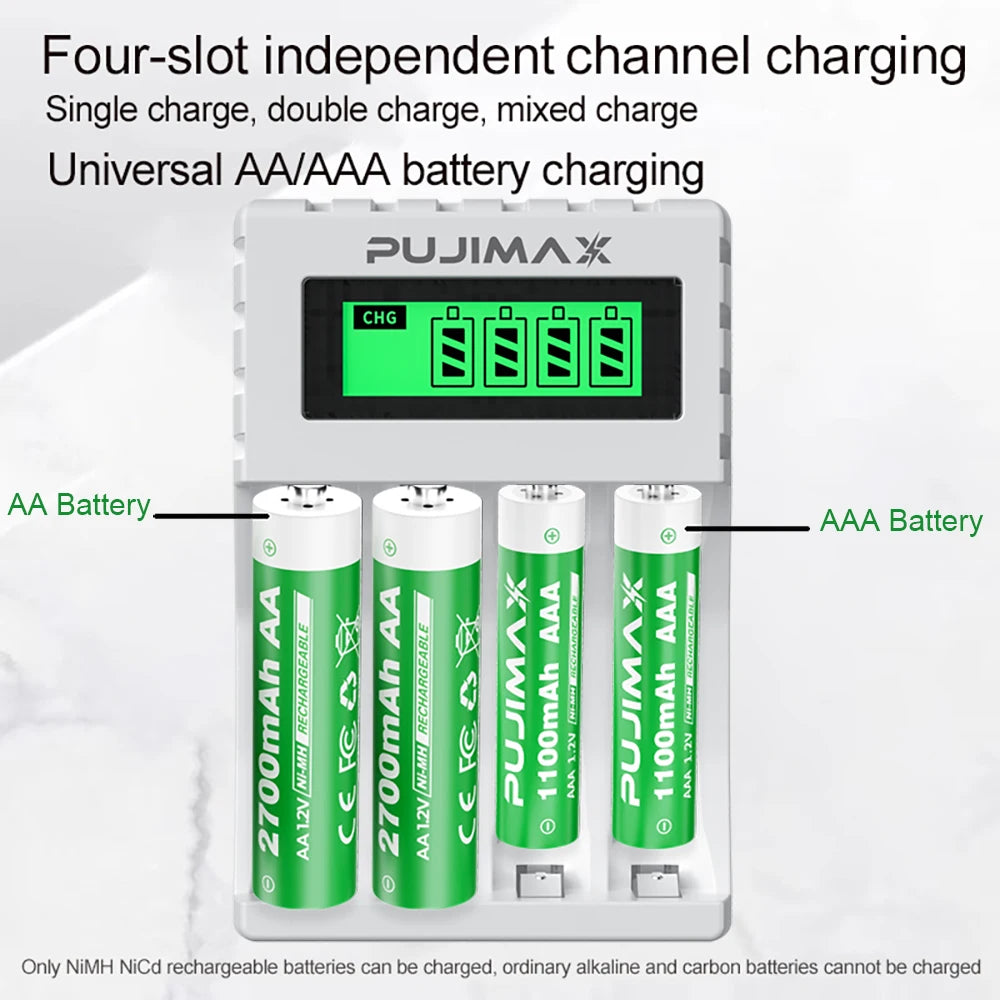 PUJIAMX AA/AAA Rechargeable Battery Charger LCD Display Portable Type C Cable Battery Charger for 1.2v AA/AAA Ni-MH Batteries