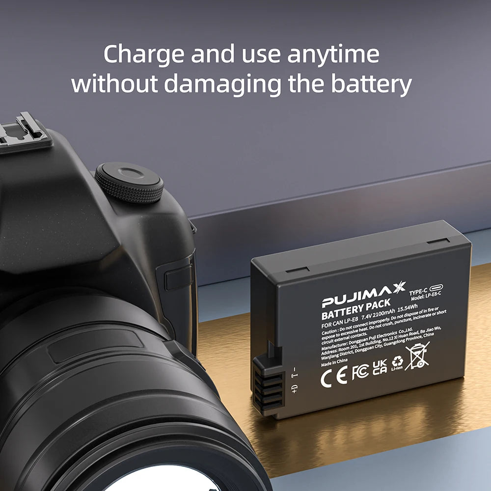 PUJIMAX 2100mAh LP-E8 LP E8 LPE8 Rechargeable Camera Battery with USB-C Input Canon EOS 550D 600D 650D 700D Rebel T2i T3i T4i T5