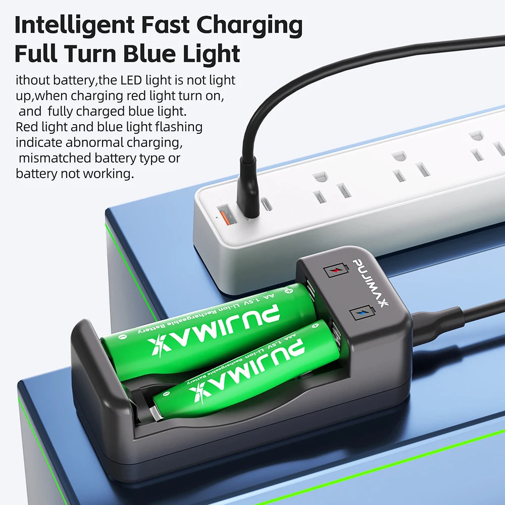 PUJIMAX Lithium-ion Rechargeable Batteries for Clock Radio Video Game 1.5V AA 4255mWh AAA 1100mWh Batteries Charger+Data Cable
