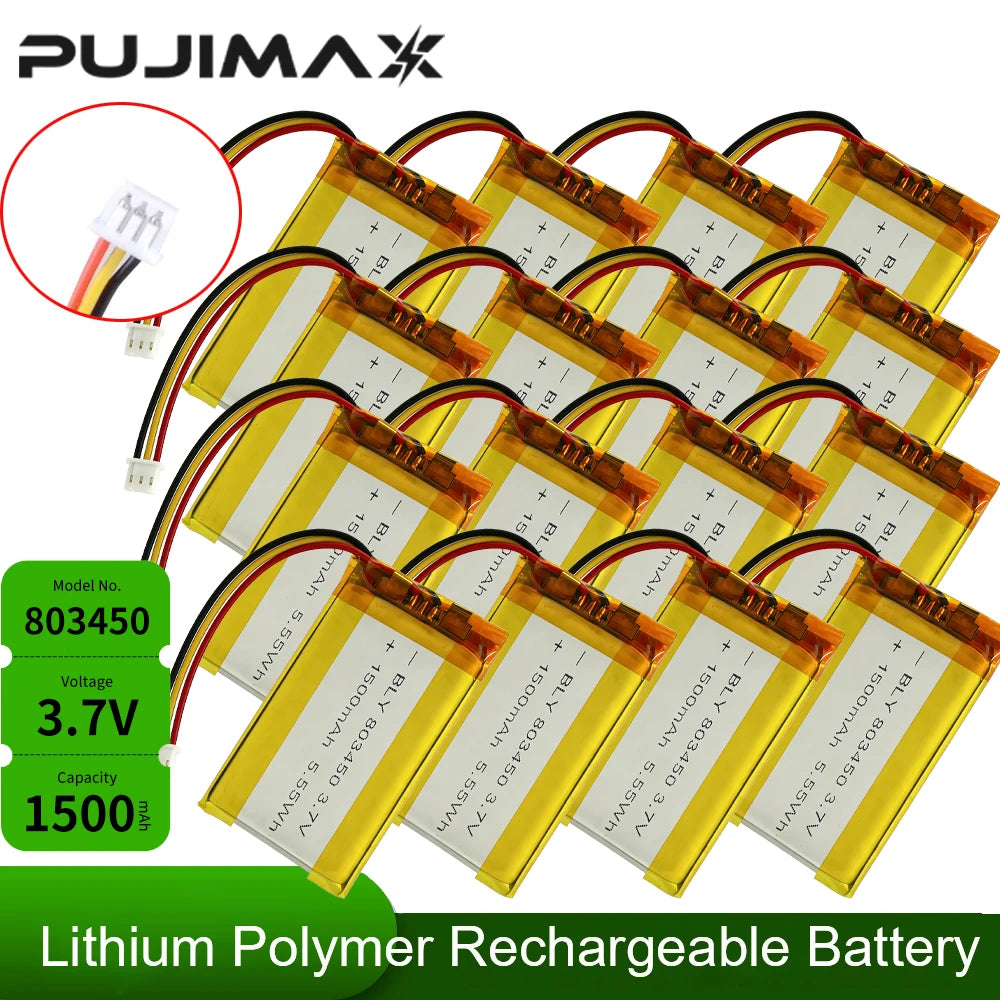 PUJIMAX 3.7V 1500mAh 803450 Li-Polymer LiPo Rechargeable Battery With PH 1.25mm 3pin Connector For MP3 DVD PAD Camera GPS Laptop