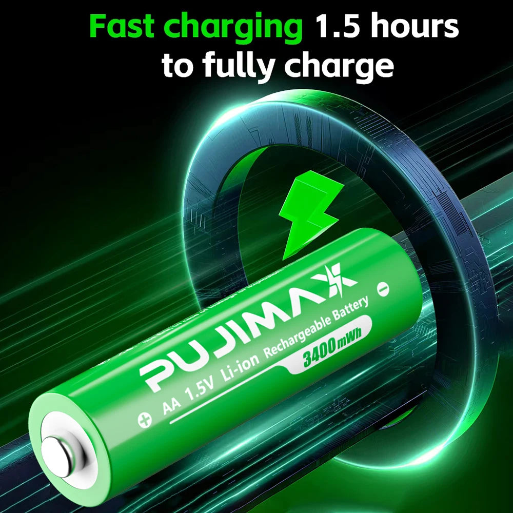 PUJIMAX Rechargeable Battery 1.5V AA 3400mWh+AAA 1100mWh Lithium-ion Battery for Computer Clock Radio Video Game Digital AA AAA