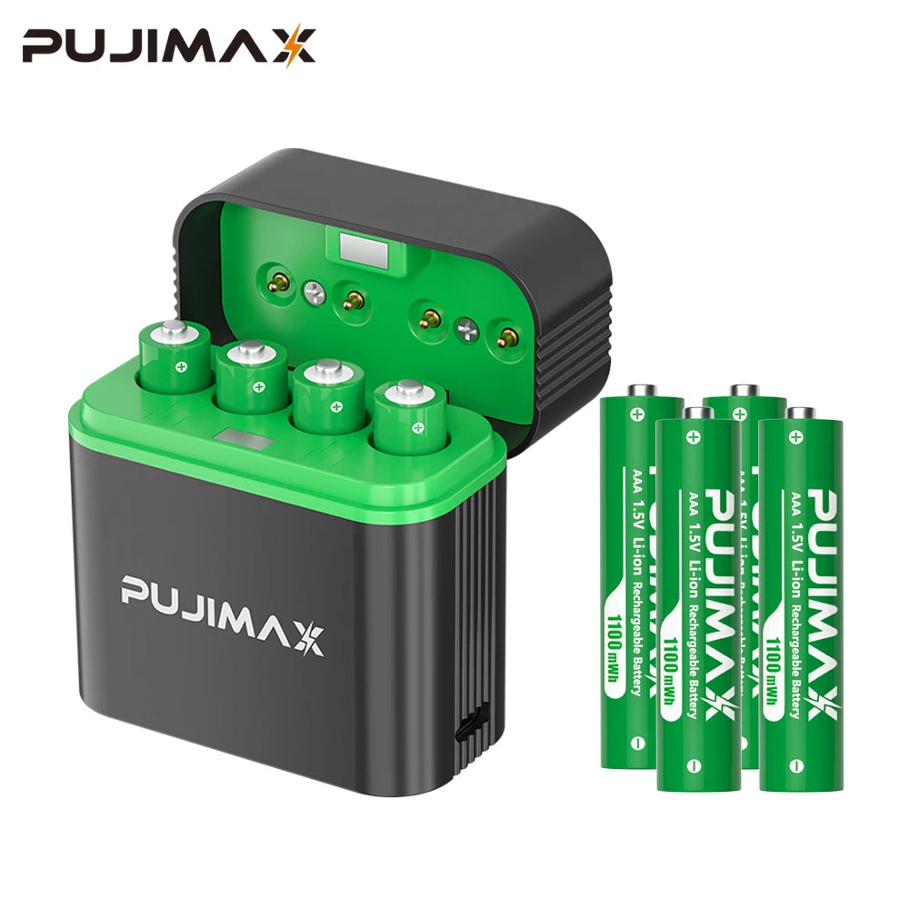 PUJIMAX 4-Slot 1.5V AAA 1100mWh Smart Charging Compartment  Lithium Battery Rechargeable Charger Set Large Capacity