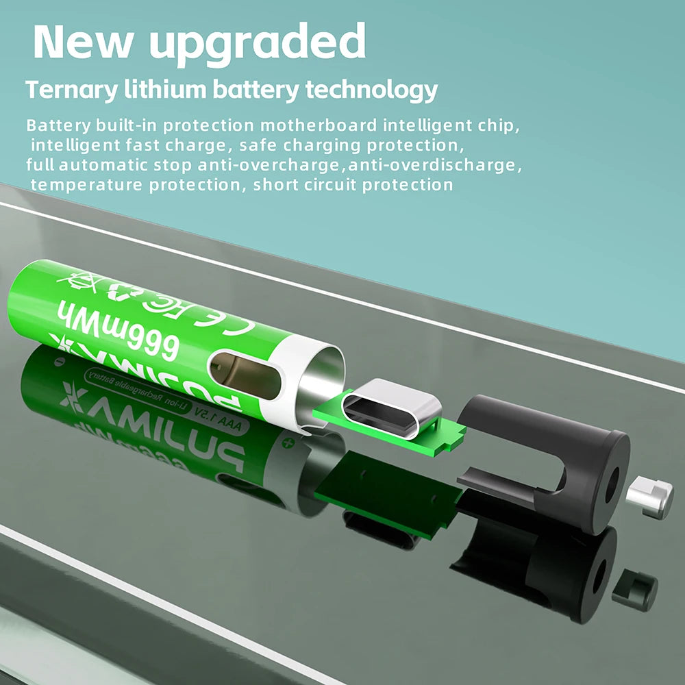PUJIMAX USB AAA Rechargeable Batteries 1.5V 666mWh li-ion battery for remote control mouse Electric toy battery + Type-C Cable