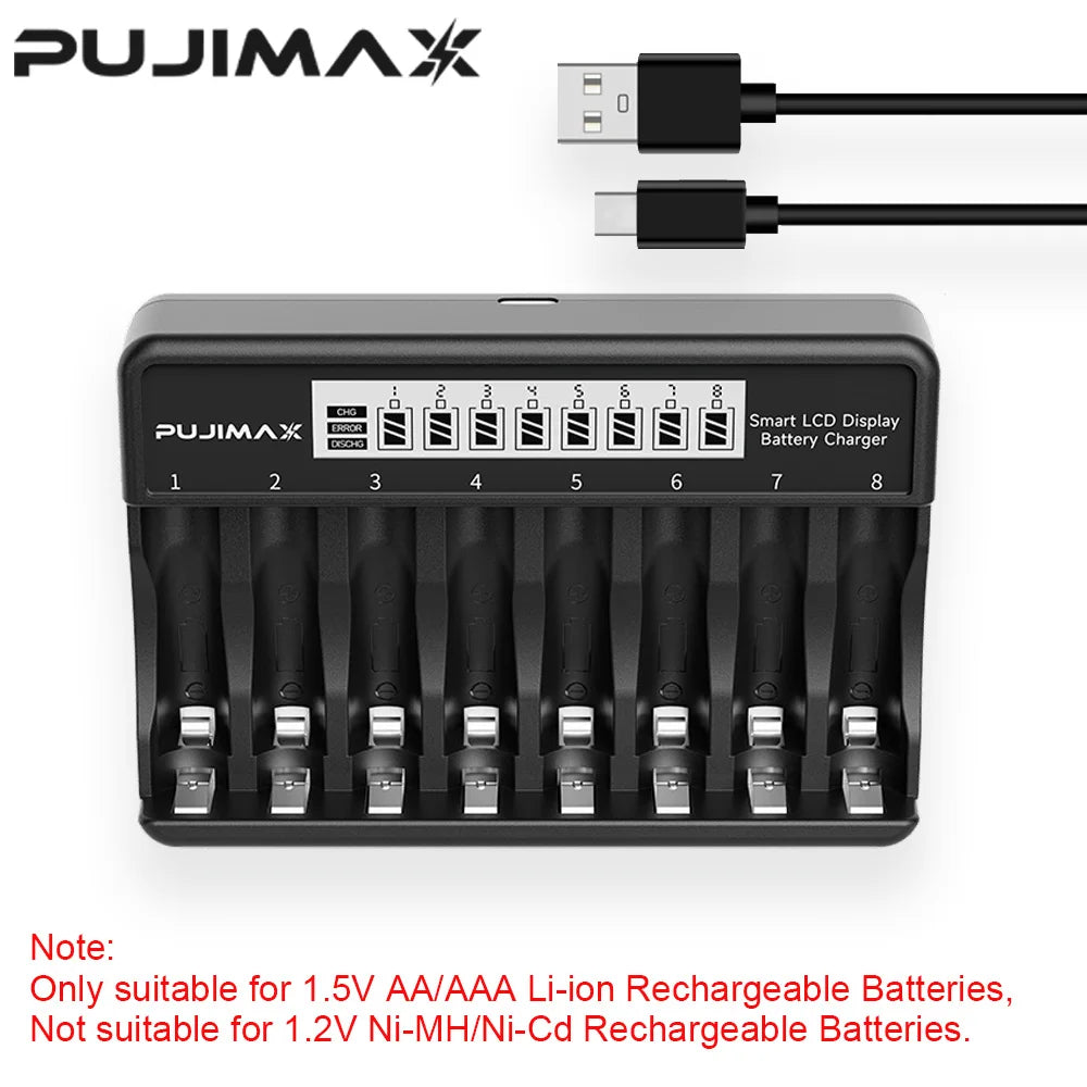 PUJIMAX 4/8slot AAA/AA Battery Charger for 1.5V Li-ion Rechargeable Battery Short Circuit Protect LCD Display Li-ion USB Charger