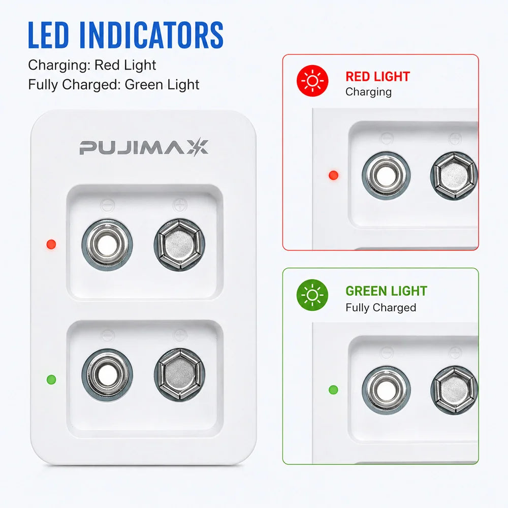 PUJIMAX 2 Slots Smart Fast Battery Charger With LED Indicators USB Cable For 9V Ni-MH/Ni-Cd/Li-ion Rechargeable Batteries
