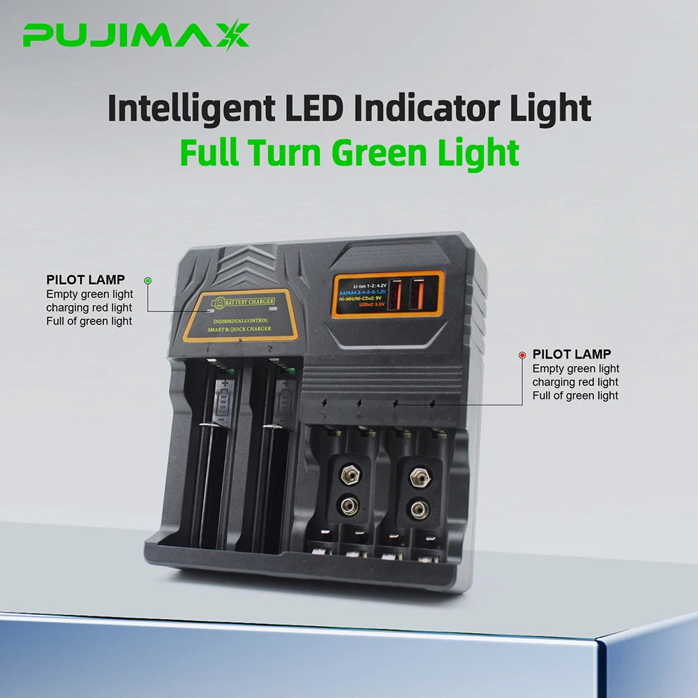 PUJIMAX Battery Charger for 4.2V 18650/16340/14500/21700/26650/32650 Battery 1.2V Ni-MH/Ni-Cd AA AAA 9V Smart Battery Charger